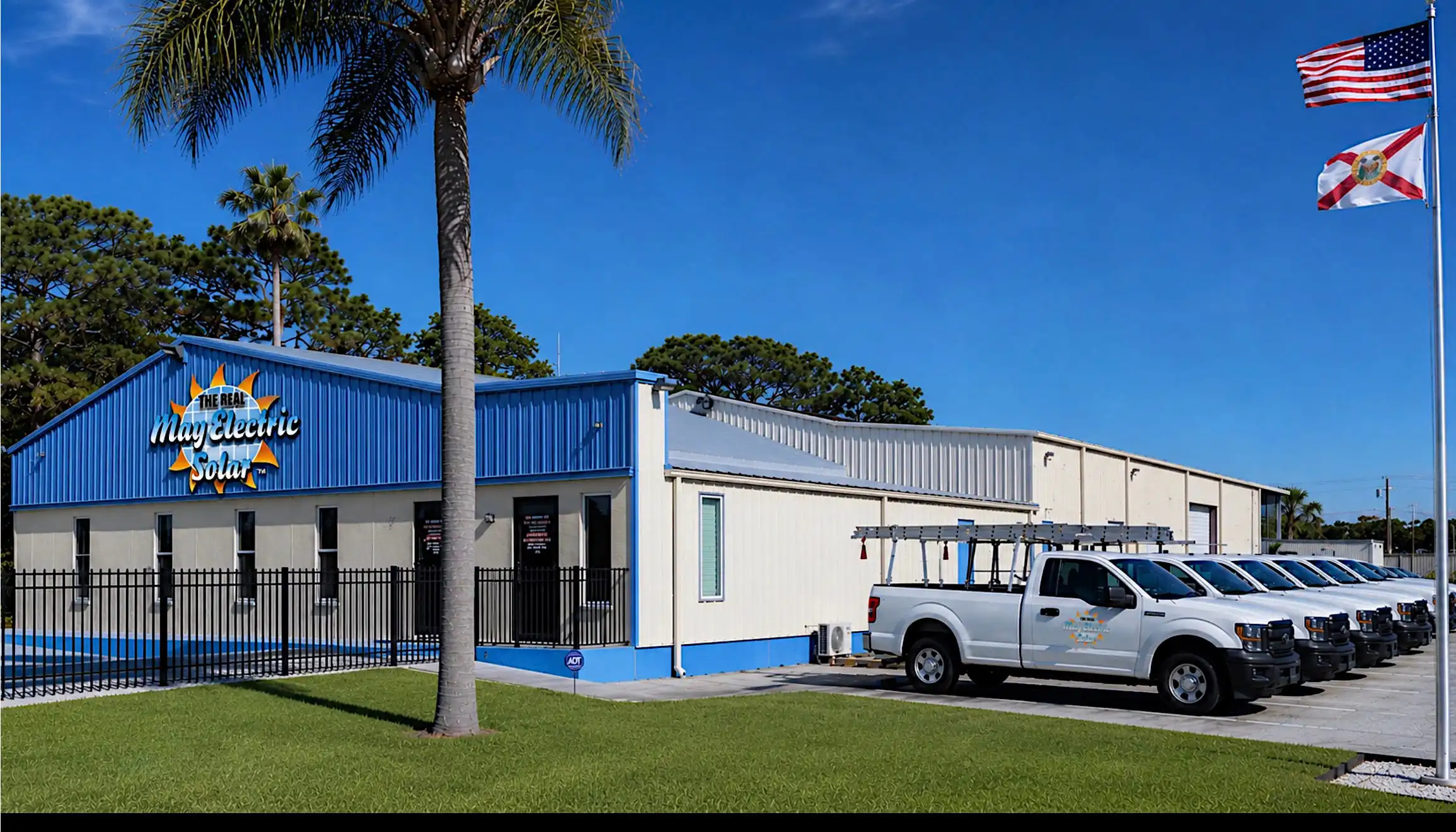 May Electric Solar headquarters and truck fleet in Hudson, Florida